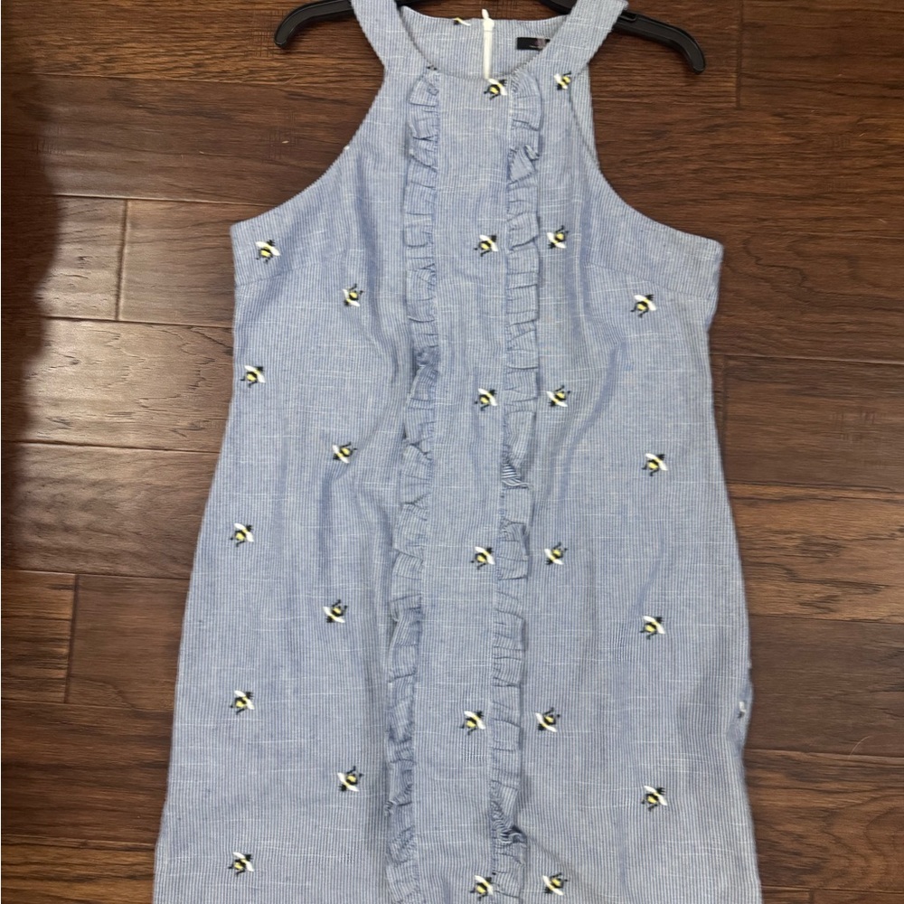 Blue Striped Kids Dress with Floral Embroidery